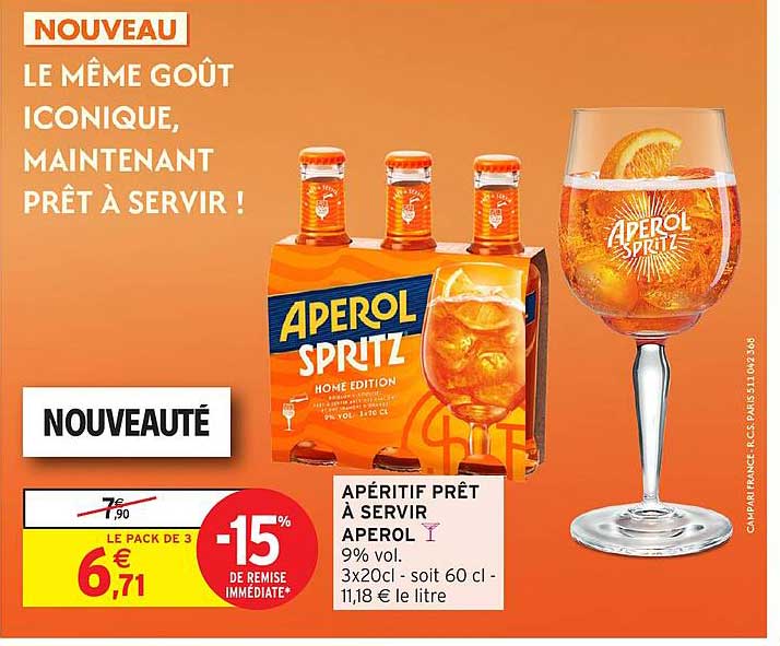 APÉRITIF PRÊT À SERVIR APEROL 9% vol. 3x20cl - soit 60 cl - 11,18 € le litre