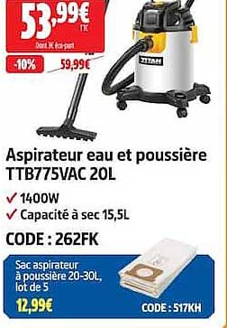 Aspirateur eau et poussière TTB775VAC 20L