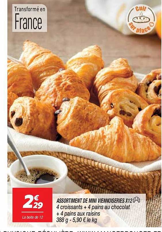ASSORTIMENT DE MINI VIENNOISERIES X12 4 croissants + 4 pains au chocolat + 4 pains aux raisins 388 g - 5,90 € le kg