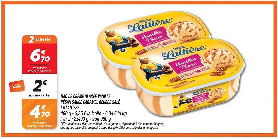 BAC DE CRÈME GLACÉE VANILLE PÉCAN SAUCE CARAMEL BEURRE SALÉ LA LAITIÈRE