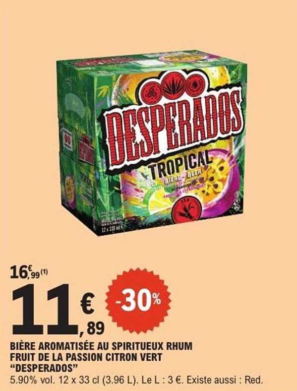 BIÈRE AROMATISÉE AU SPIRITUEUX RHUM FRUIT DE LA PASSION CITRON VERT "DESPERADOS"