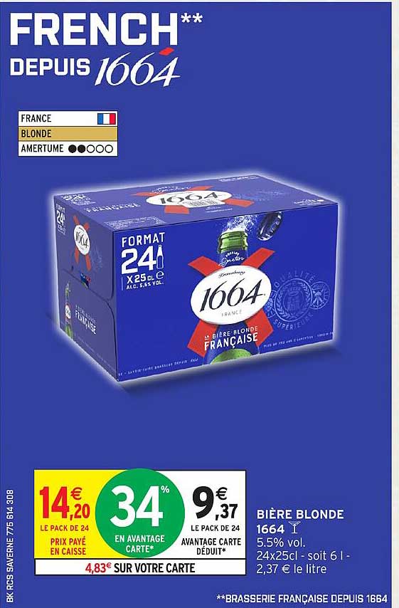 BIÈRE BLONDE 1664 5.5% vol. 24x25 cl - soit 6 l - 2,37 € le litre