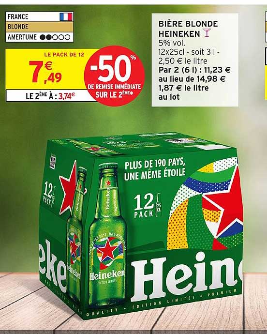 BIÈRE BLONDE HEINEKEN 5% vol. 12x25cl - soit 3 l - 2,50 € le litre