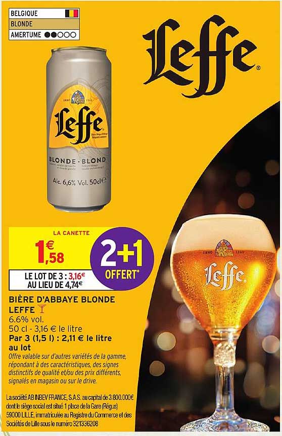 BIÈRE D'ABBAYE BLONDE LEFFE 6.6% vol. 50 cl - 3,16 € le litre Par 3 (1,5 l) : 2,11 € le litre au lot