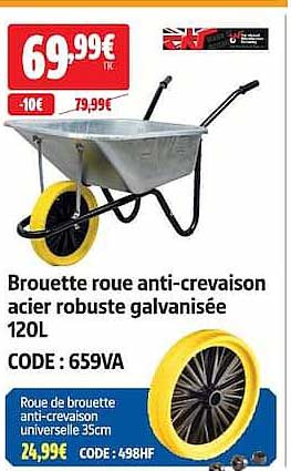 Brouette roue anti-crevaison acier robuste galvanisée 120L