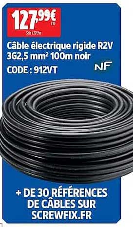 Câble électrique rigide R2V 3G2,5 mm² 100m noir