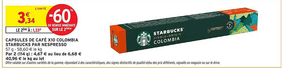 CAPSULES DE CAFÉ X10 COLOMBIA STARBUCKS PAR NESPRESSO