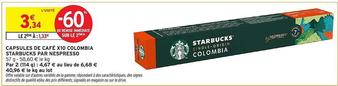 CAPSULES DE CAFÉ X10 COLOMBIA STARBUCKS PAR NESPRESSO