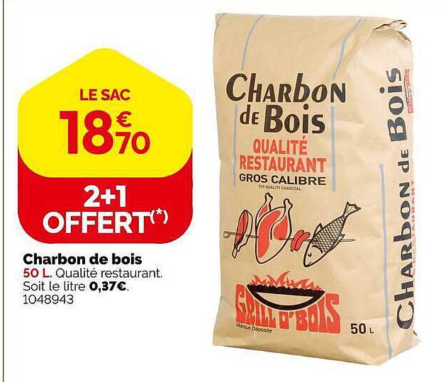 Charbon de bois 50 L. Qualité restaurant. Soit le litre 0,37€.