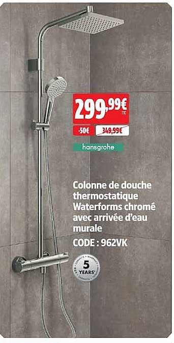 Colonne de douche thermostatique Waterforms chromé avec arrivée d’eau murale