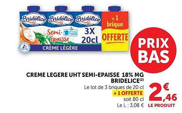 CREME LEGERE UHT SEMI-EPAISSE 18% MG BRIDELICE