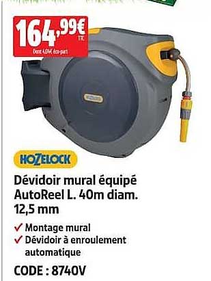 Dévidoir mural équipé AutoReel L. 40m diam. 12,5 mm