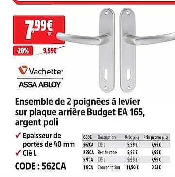 Ensemble de 2 poignées à levier sur plaque arrière Budget EA 165, argent poli