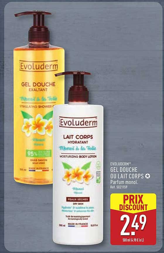 EVOLUDERM® GEL DOUCHE OU LAIT CORPS ☆ Parfum monoï. Réf. 5021159