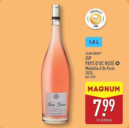 JEAN GINER® IGP PAYS D’OC ROSÉ Médaille d’Or Paris 2025. Réf. 5199