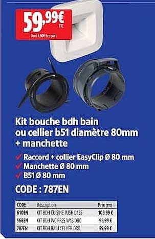 Kit bouche bdh bain ou cellier b51 diamètre 80mm + manchette
