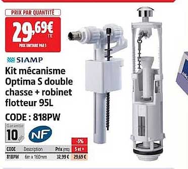 Kit mécanisme Optima S double chasse + robinet flotteur 95L