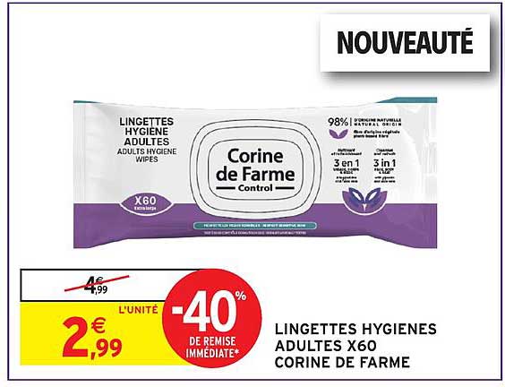LINGETTES HYGIENES ADULTES X60 CORINE DE FARME