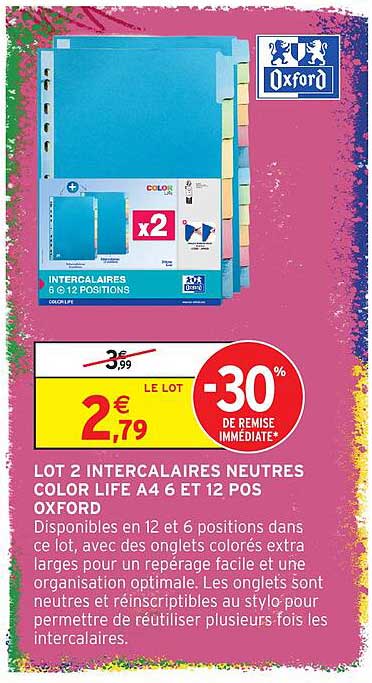 LOT 2 INTERCALAIRES NEUTRES COLOR LIFE A4 6 ET 12 POS OXFORD