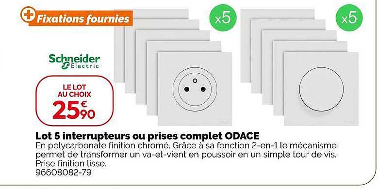 Lot 5 interrupteurs ou prises complet ODACE