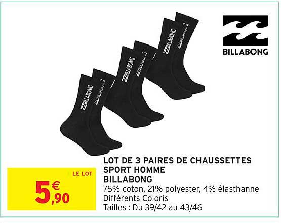 LOT DE 3 PAIRES DE CHAUSSETTES SPORT HOMME BILLABONG