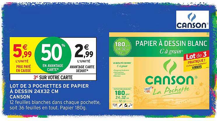 LOT DE 3 POCHETTES DE PAPIER À DESSIN 24X32 CM CANSON