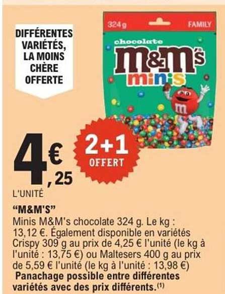 M&M’S Minis M&M’s chocolate 324 g. Le kg : 13,12 €