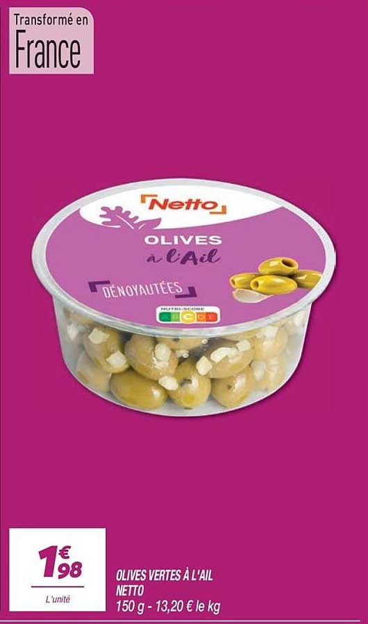 OLIVES VERTES À L'AIL NETTO 150 g - 13,20 € le kg