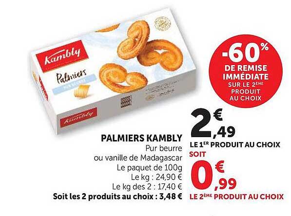 PALMIERS KAMBLY Pur beurre ou vanille de Madagascar Le paquet de 100g