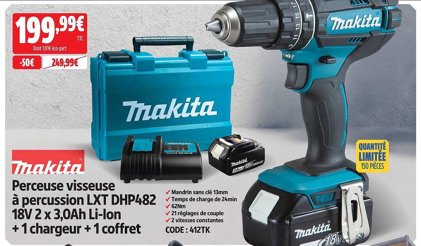 Perceuse visseuse à percussion LXT DHP482 18V 2 x 3,0Ah Li-Ion + 1 chargeur + 1 coffret