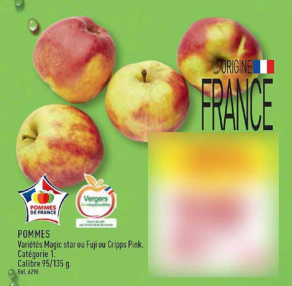 POMMES Variétés Magic star ou Fuji ou Cripps Pink. Catégorie 1. Calibre 95/135 g.