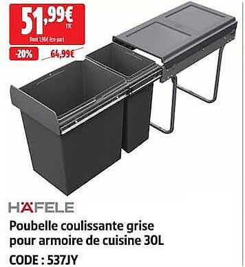 Poubelle coulissante grise pour armoire de cuisine 30L