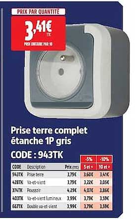 Prise terre complet étanche 1P gris