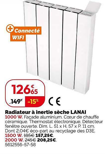 Radiateur à inertie sèche LANAI 1000 W. Façade aluminium. Cœur de chauffe céramique. Thermostat électronique. Détecteur fenêtre ouverte. Dim. L. 51 x H. 57 x P. 11 cm.