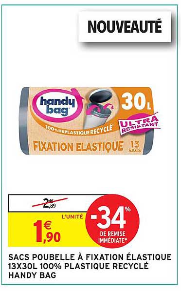 SACS POUBELLE À FIXATION ÉLASTIQUE 13X30L 100% PLASTIQUE RECYCLÉ HANDY BAG