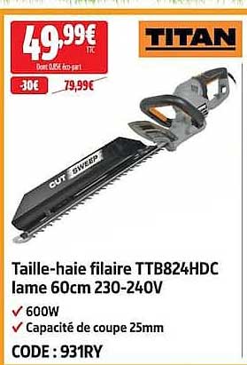 Taille-haie filaire TTB824HDC lame 60cm 230-240V
