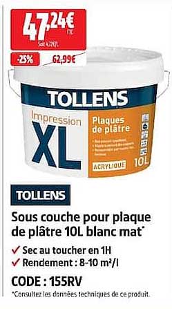 TOLLENS - Sous couche pour plaque de plâtre 10L blanc mat