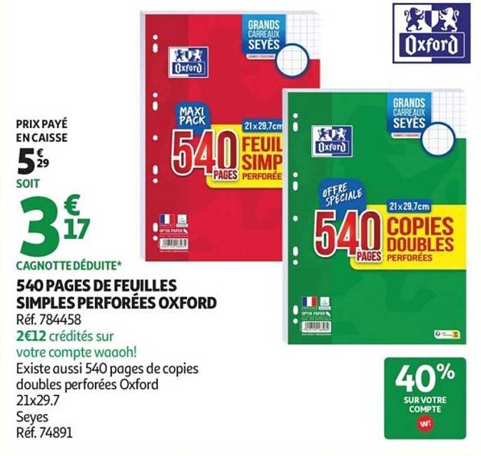 540 PAGES DE FEUILLES SIMPLES PERFOREES OXFORD