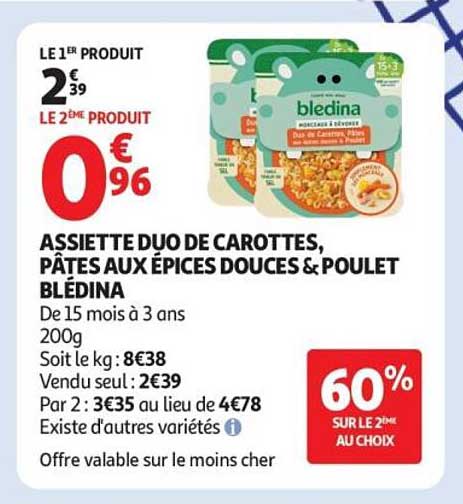 ASSIETTE DUO DE CAROTTES, PÂTES AUX ÉPICES DOUCES & POULET BLÉDINA