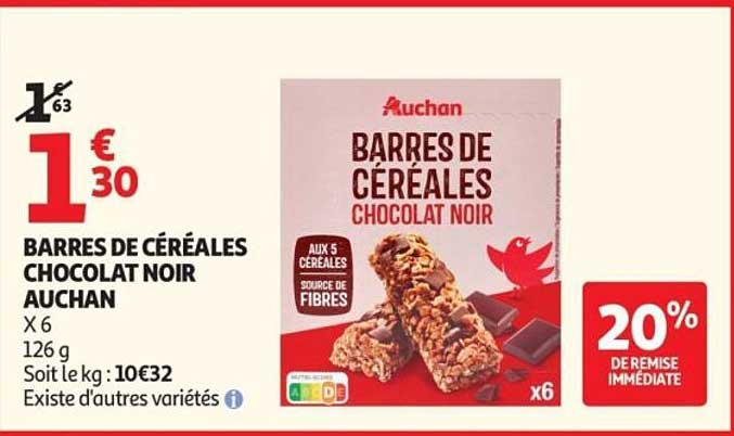 BARRES DE CÉRÉALES CHOCOLAT NOIR AUCHAN