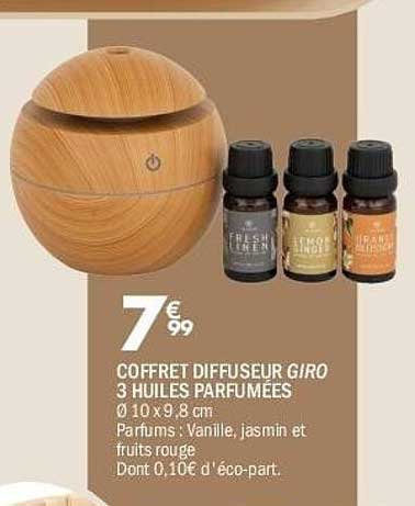 COFFRET DIFFUSEUR GIRO 3 HUILES PARFUMÉES Ø 10 x 9,8 cm Parfums : Vanille, jasmin et fruits rouge Dont 0,10€ d’éco-part.