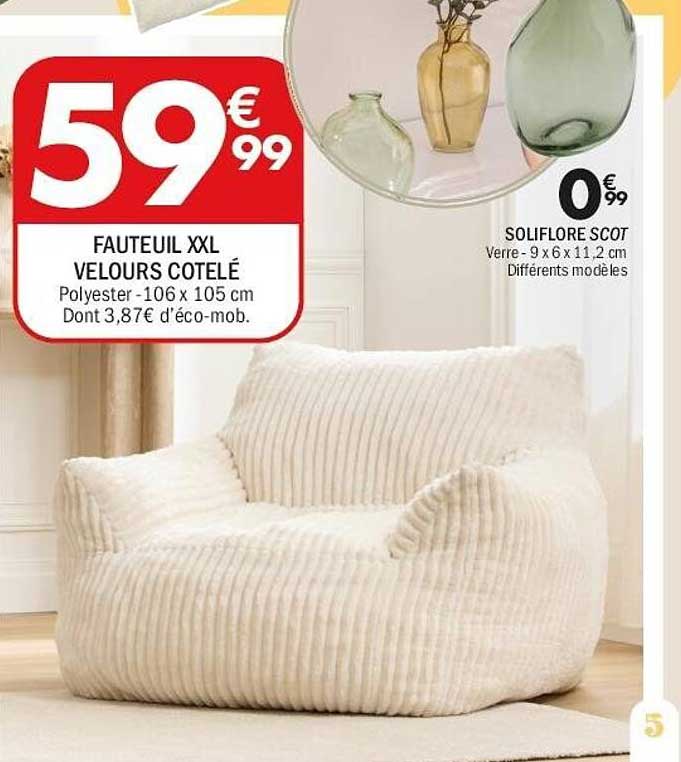 FAUTEUIL XXL VELOURS COTELÉ