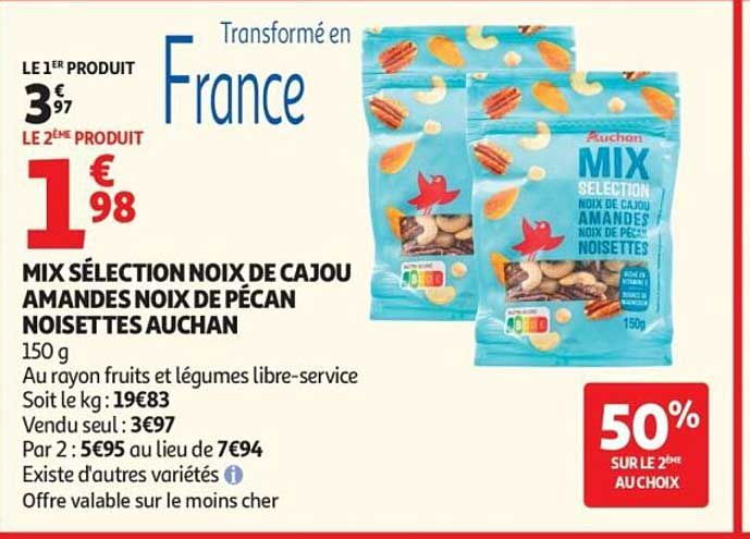 MIX SÉLECTION NOIX DE CAJOU AMANDES NOIX DE PÉCAN NOISETTES AUCHAN