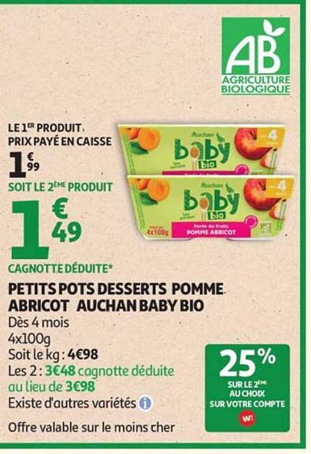PETITS POTS DESSERTS POMME ABRICOT AUCHAN BABY BIO