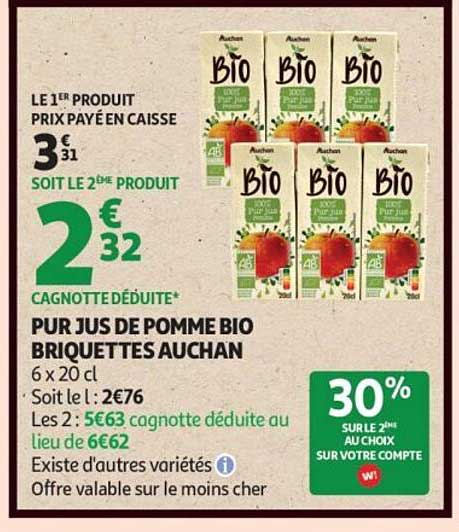 PUR JUS DE POMME BIO BRIQUETTES AUCHAN