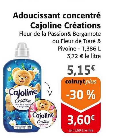Adoucissant Concentré Cajoline Créations Fleur de la Passion & Bergamote ou Fleur de Tiaré & Pivoine - 1,386 L