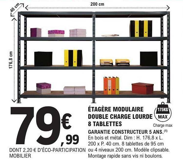 ÉTAGÈRE MODULAIRE DOUBLE CHARGE LOURDE 8 TABLETTES