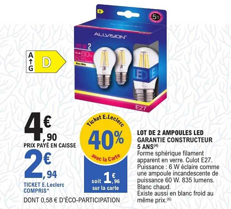 LOT DE 2 AMPOULES LED GARANTIE CONSTRUCTEUR 5 ANS