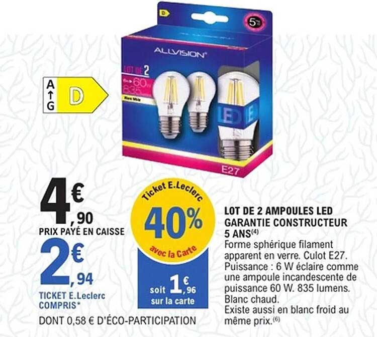 LOT DE 2 AMPOULES LED GARANTIE CONSTRUCTEUR 5 ANS