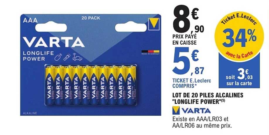 LOT DE 20 PILES ALCALINES "LONGLIFE POWER"